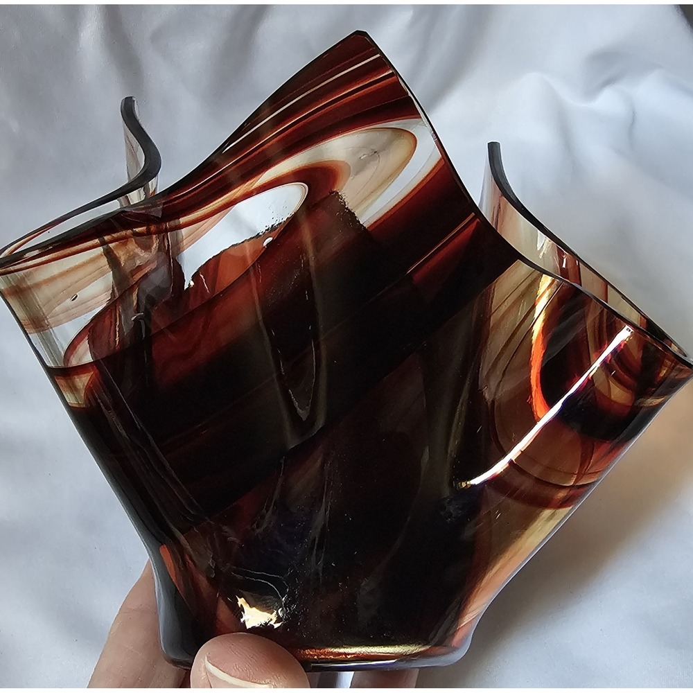 Tony Serveinte Glass Blown Folded Handkerchief Swirl Vase Signed Brown/Clear - Picture 5 of 15